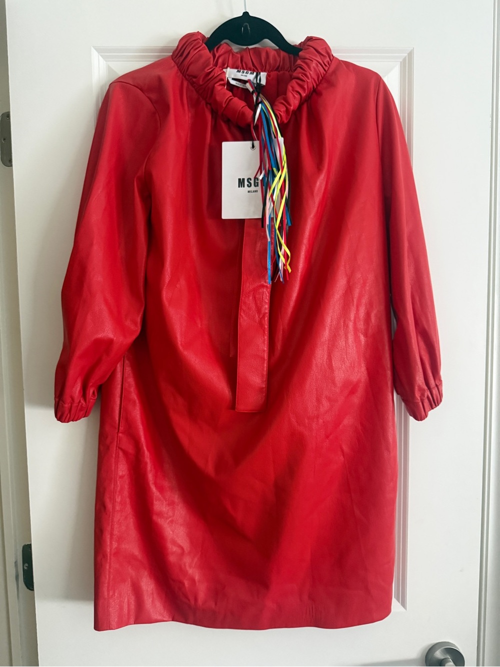 MSGM Red Faux-Leather Ruffle Neck Dress Sz 40